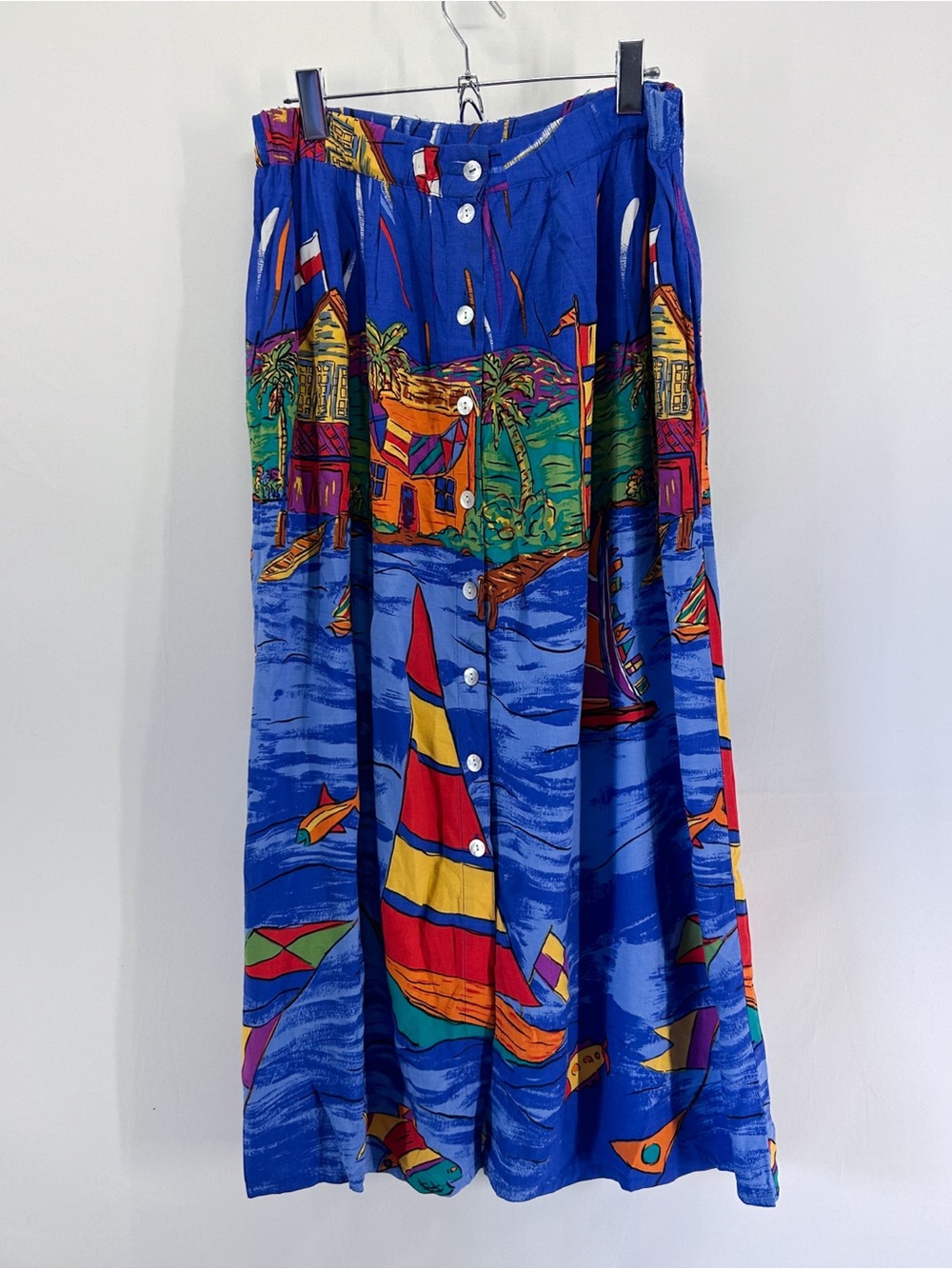 Vintage Handmade Blue Boat Ship Print Button Front Midi Skirt
